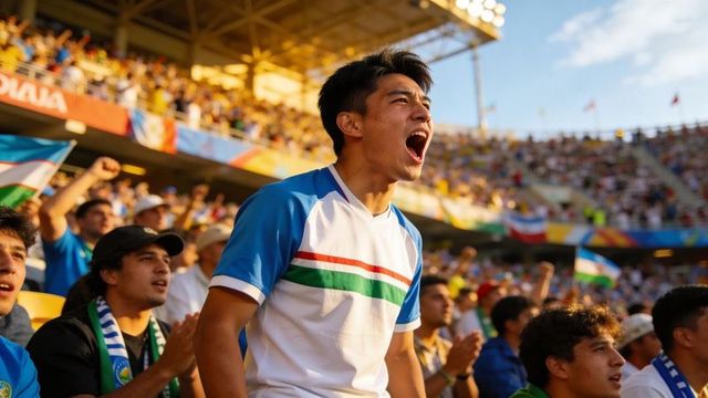 Young asian fan shouting and cheering in white jersey with green-red stripe at stadium