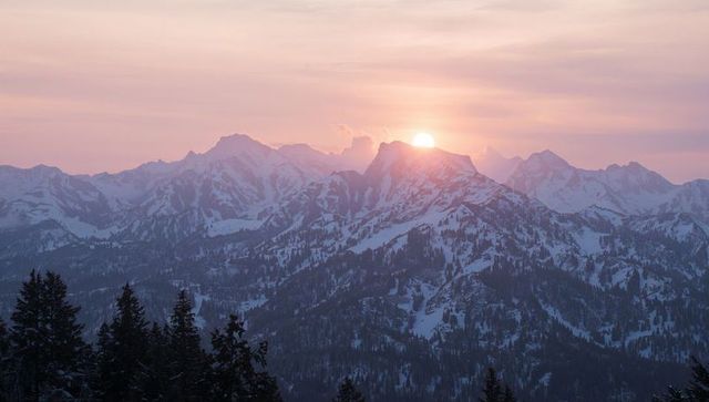 Sunrise over snowcapped alpine peaks with pastel sky and conifer silhouettes