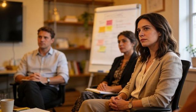Attentive female leader guiding business workshop discussion with colleagues in office