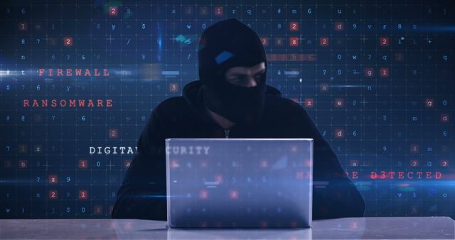 Hacker using laptop against digital screen