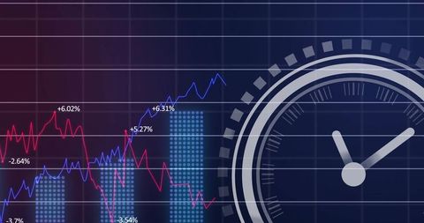 Data analytics dashboard with line charts and clock graphic