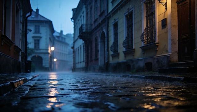 Rain-soaked cobblestone street reflecting warm lantern glow at dusk, historic town
