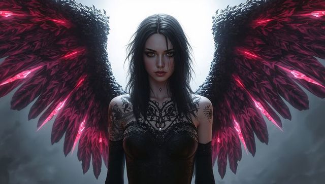 Mysterious winged woman with glowing red wings in gothic fantasy