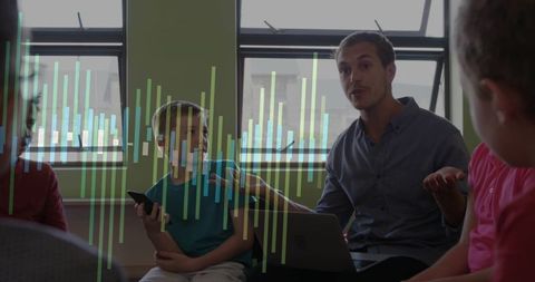 Teacher Leading Interactive Class with Students Using Devices, Audio Waveform Overlay