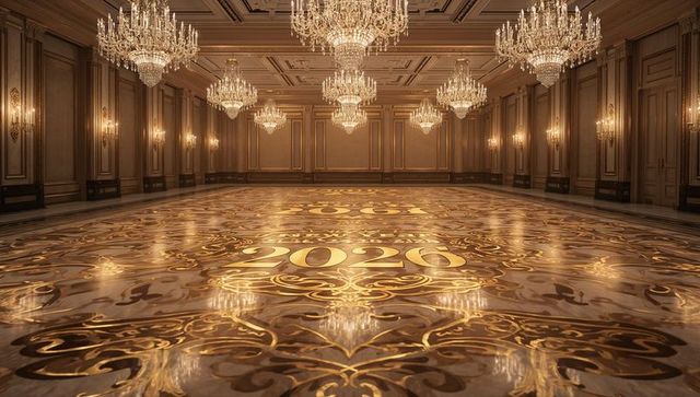 Welcoming 2026 on gilded baroque ballroom floor with ornate gold inlay and chandeliers