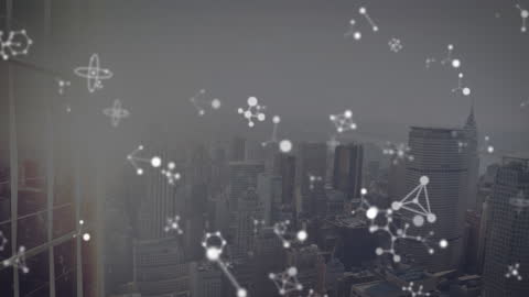 Digital Animation Over Cityscape with Futuristic Shapes