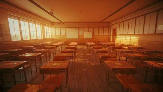 Sunlit empty classroom with wooden desks and warm atmosphere