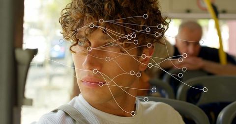 Thoughtful Man on Commuter Bus with Digital Connectivity Overlay