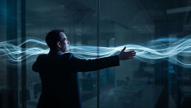 Executive reaching through glowing data stream in dim office, futuristic leadership concept