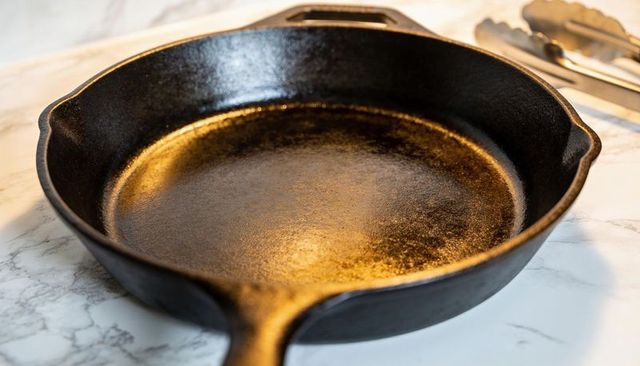 Pre-seasoned cast iron skillet resting on marble countertop with tongs and warm patina