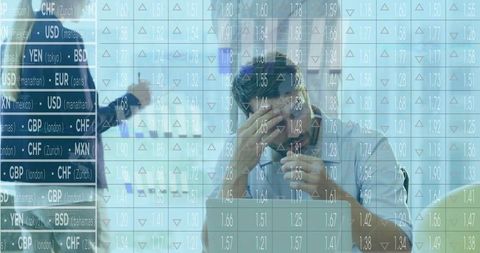 Stressed financial analyst with currency board in office background