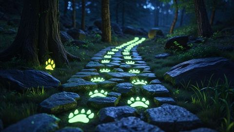 Glowing paw prints on mystic forest pathway at night