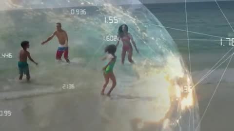 Family Running Into Waves on Sunny Beach with Futuristic Data Globe Overlay