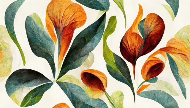 This vibrant botanical watercolor pattern showcases beautiful orange leaves interspersed with lush green foliage. Ideal for use in digital wallpaper, fabric prints, stationery design, and various DIY crafts. Its vibrant colors and natural aesthetic also make it perfect for adding a touch of nature to interior design projects or as artistic backgrounds for presentations.