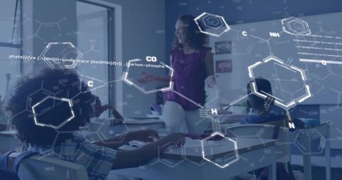 Stem classroom teacher guiding students with holographic molecular graphics and hud overlay