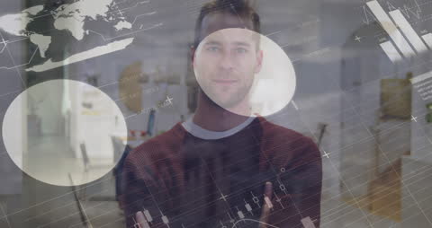 Caucasian Man with Data Overlay Smiling at Office