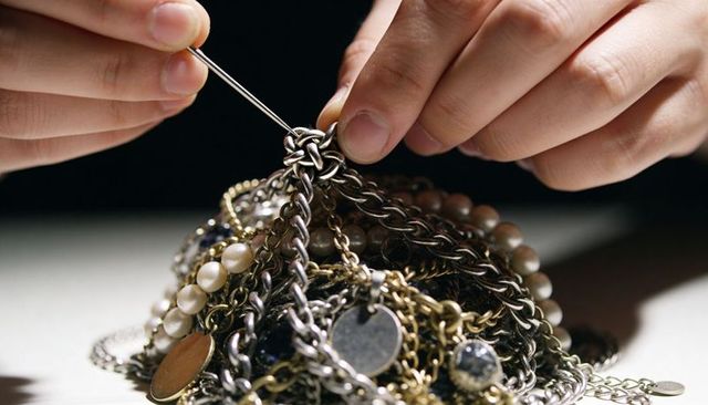 Close-up hands untangling vintage pearl and chain necklaces with pin for jewelry repair