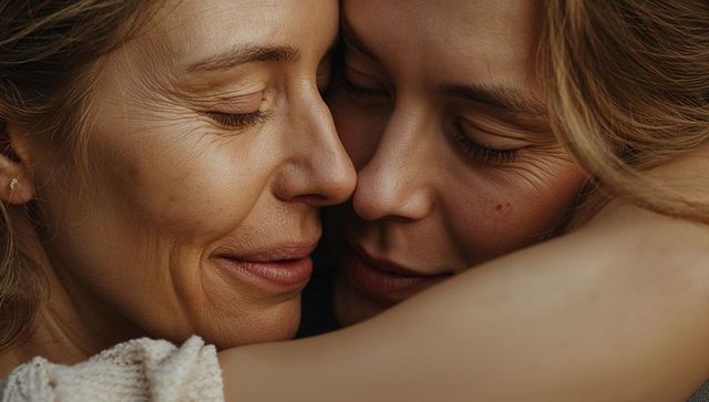 Two women sharing tender closeup embrace, showing intimate connection, warmth, soft light