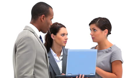 Corporate Team Collaborating over Laptop Isolated on White