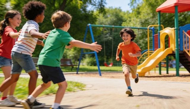 Happy children running and chasing on sunny playground with colorful slide and swings