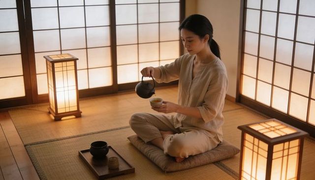 Asian woman pouring tea during japanese tea ritual on tatami with warm lantern light