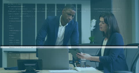 Business Professionals Collaborating with Digital Analytics Overlay