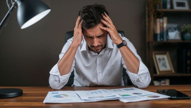 Stressed businessman reviewing financial reports and charts at desk under lamp, tense focus