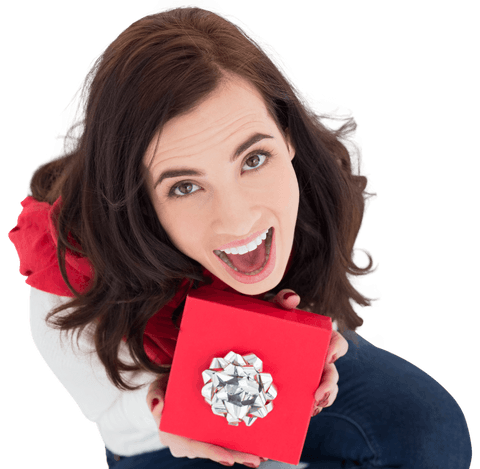 Excited Woman Holding Gift Box Transparent Background Holiday