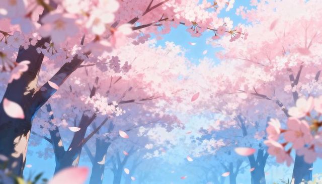 Forming Cherry Blossom Canopy Along Sunlit Park Avenue With Falling Petals