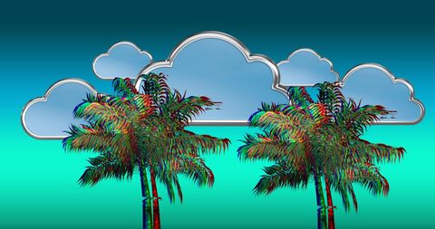 Colorful Abstract Palm Trees with Surreal Clouds on Gradient Background