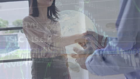 Business Professionals Shaking Hands with Digital Overlay of Global Data