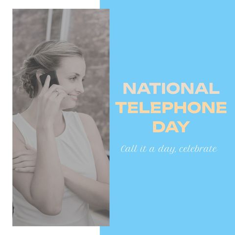 Caucasian Woman Celebrating National Telephone Day with Smartphone - Download Free Stock Templates Pikwizard.com