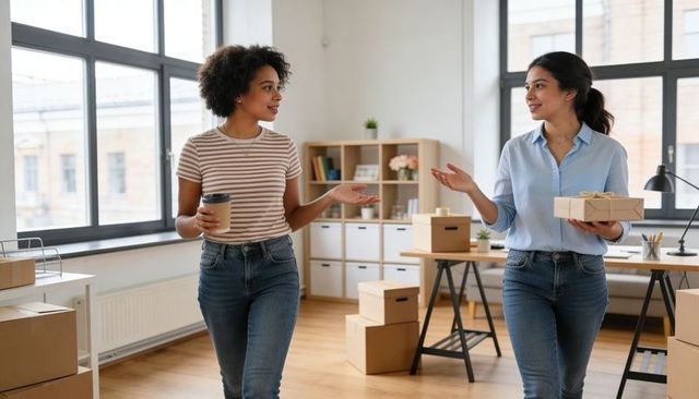 Two coworkers walking through bright modern office carrying coffee and wrapped parcel