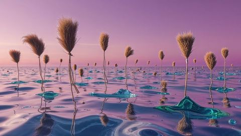 Surreal Grassy Stalks in Pastel Seascape at Sunrise
