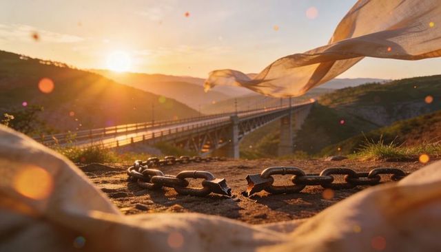 Broken rusted chain catching golden sunset on cliff overlook with flowing fabric, viaduct