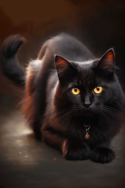 Black cat with striking yellow eyes and simple medallion on its collar sits calmly. Ideal for pet-related content, animal welfare campaigns, Halloween themes, and blogs or articles about cats.