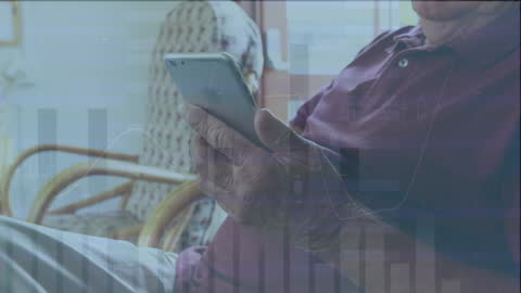 Senior Man Navigating Smartphone in Layered Cityscape