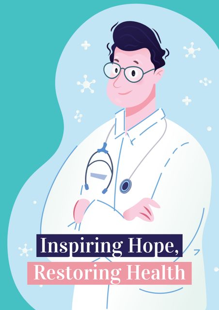 The illustrated doctor, depicted with a stethoscope and professional attire, is ideal for healthcare marketing materials. This image can be used on medical websites, promotional posters, and social media to convey trustworthiness and dedication to patient care. The message 'Inspiring Hope, Restoring Health' emphasizes a positive approach to health services, making it suitable for hospitals, clinics, and health campaigns.