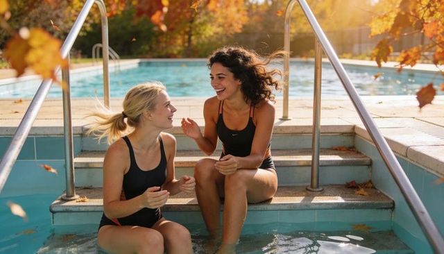 Young women laughing on pool steps at golden hour wearing black swimsuits