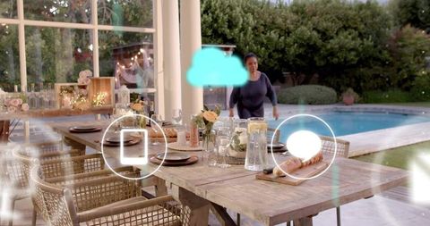 Rustic poolside dining table with augmented reality icons, evening entertaining vibes