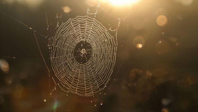 Glistening Circular Spider Web with Dewdrops at Dawn