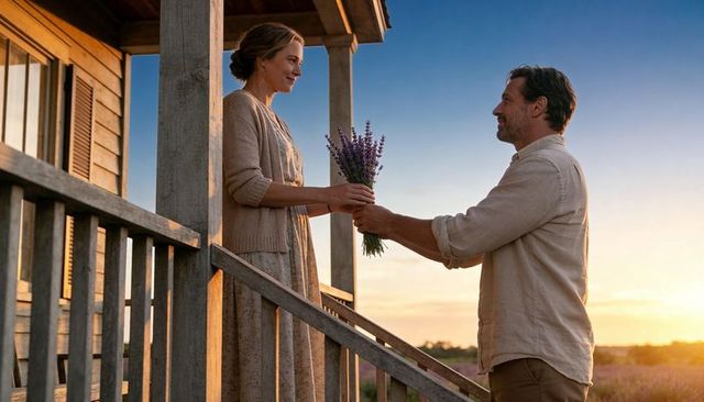 Man offering lavender bouquet to woman on rustic porch at sunset romantic country moment
