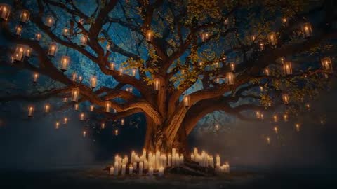 Magical Lantern Lit Tree Glowing in Misty Forest Clearing
