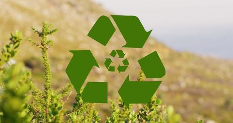 Recycling symbol overlay on vibrant natural landscape