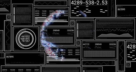 Glowing Digital Ribbon Weaving Through Data Dashboards Showing Futuristic Analytics