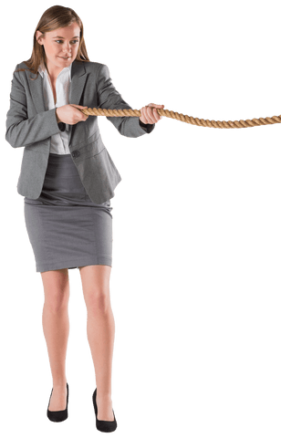 Businesswoman in formal attire pulling rope on transparent background