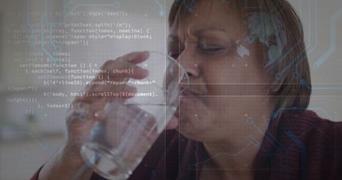 Futuristic Woman Drinking Water with Digital Overlay