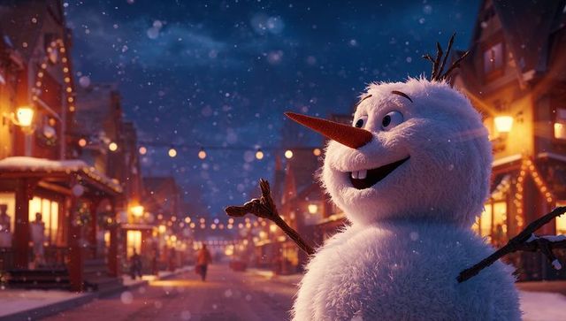 Cheerful snowman in festive illuminated holiday village