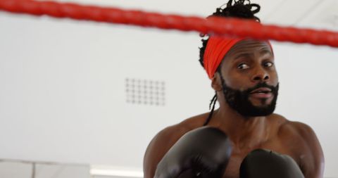 Focused male boxer training in boxing ring at fitness studio