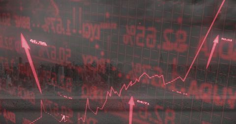 Red Financial Data Overlay on Urban Landscape